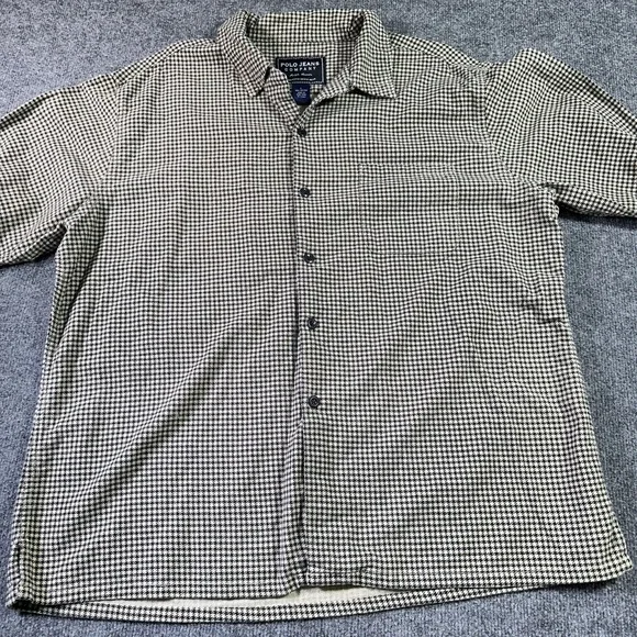 Vintage Polo Ralph Lauren Flannel Shirt Large Beige Houndstooth Loop Collar Camp